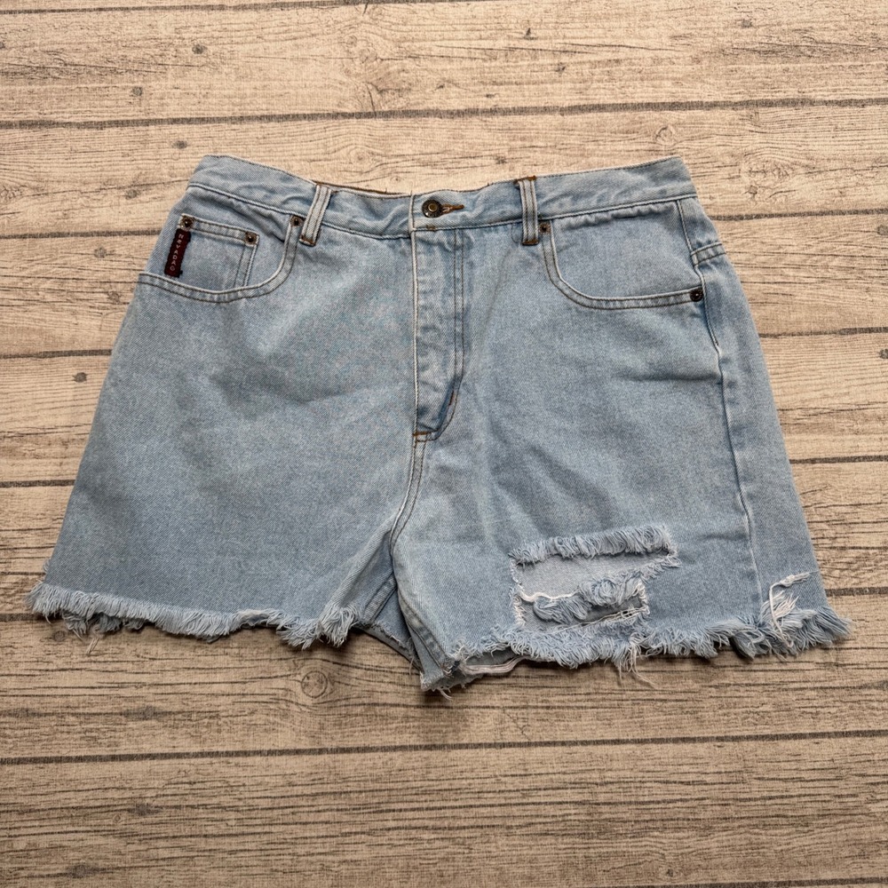 Nevada Shorts Women's 14 Blue Light Wash Denim Distressed High Rise Cut Off Chic